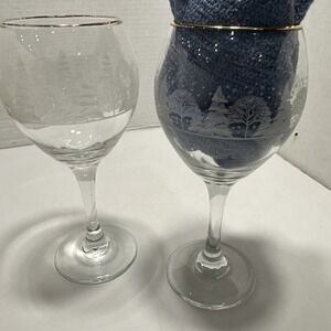 Christmas Etched‎ Crystal Glass Wine Water Stemware Gold Rimmed Glasses-Set of 2